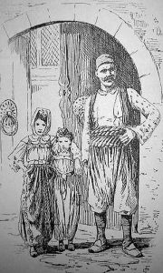 Беговска фамилија на дворским вратима у Ратају. Илустрација Фишера из 1909.