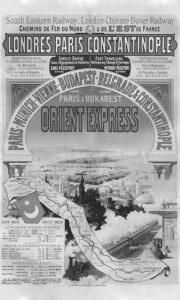 Огласни постер воза Оријент експрес, са редом вожње за зиму 1888—1889. (Wikipedia)